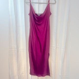 Plum, pink cow neck, silk dress with slit size extra large straps, adjustable